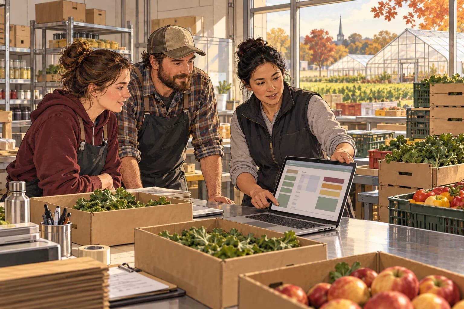 Conceptual scene of workers and a trainer using a laptop beside produce packing and inventory work in a small local business.