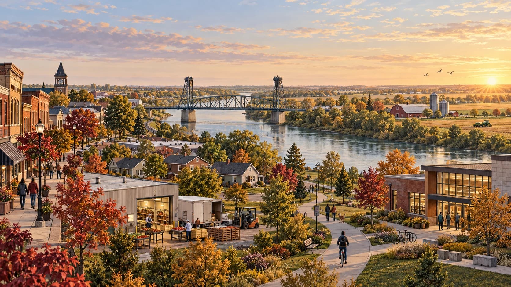 Conceptual illustration connecting a Chatham-Kent-style main street, river, homes, a small workshop, agriculture and a community library.