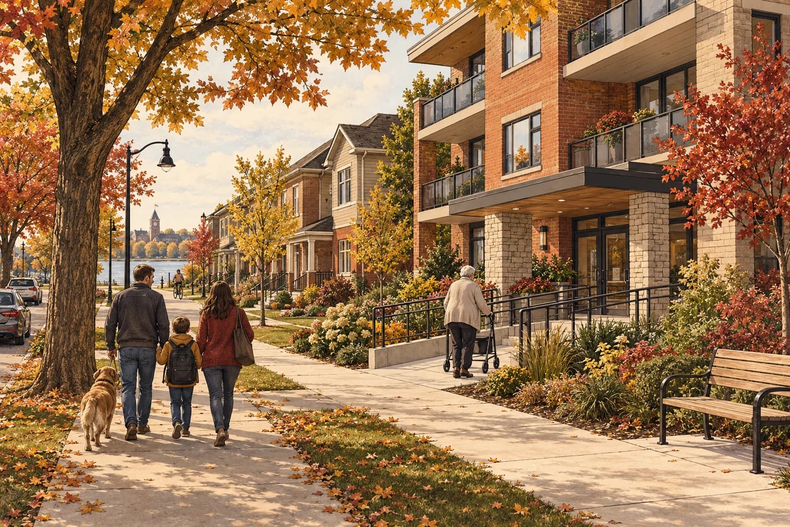 Conceptual neighbourhood with modest low-rise rental homes, an accessible entrance, an older resident and a household walking home.