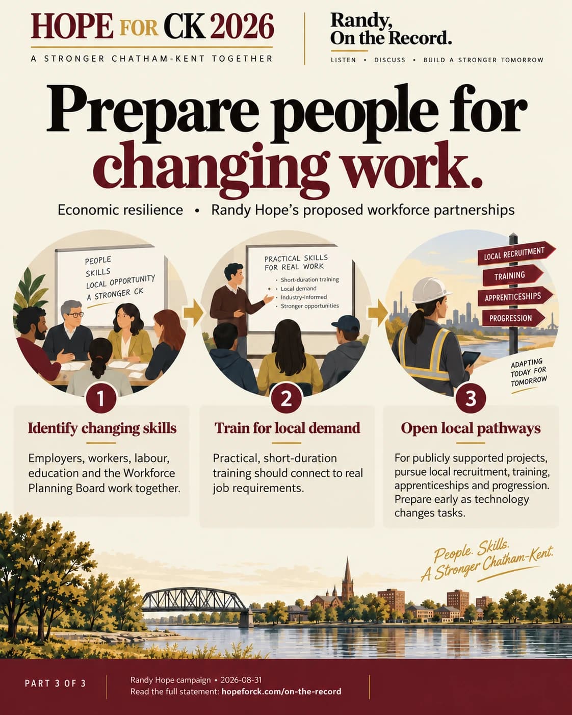 Prepare people for changing work.. Economic resilience • Randy Hope’s proposed workforce partnerships. Identify changing skills: Employers, workers, labour, education and the Workforce Planning Board work together. Train for local demand: Practical, short-duration training should connect to real job requirements. Open local pathways: For publicly supported projects, pursue local recruitment, training, apprenticeships and progression. Prepare early as technology changes tasks.